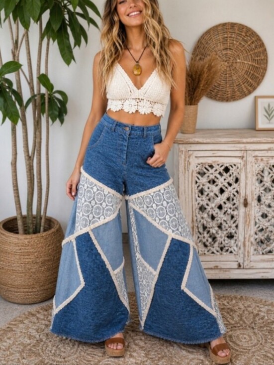 Earthbound Trading Co Denim - Earthbound Trading Co Wide Leg Patchwork Boho Hippie Jeans Lace Fringe Festival